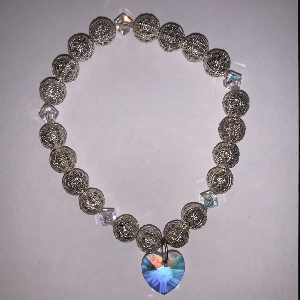Silver Filigree Bead Rainbow Heart Charm Bracelet